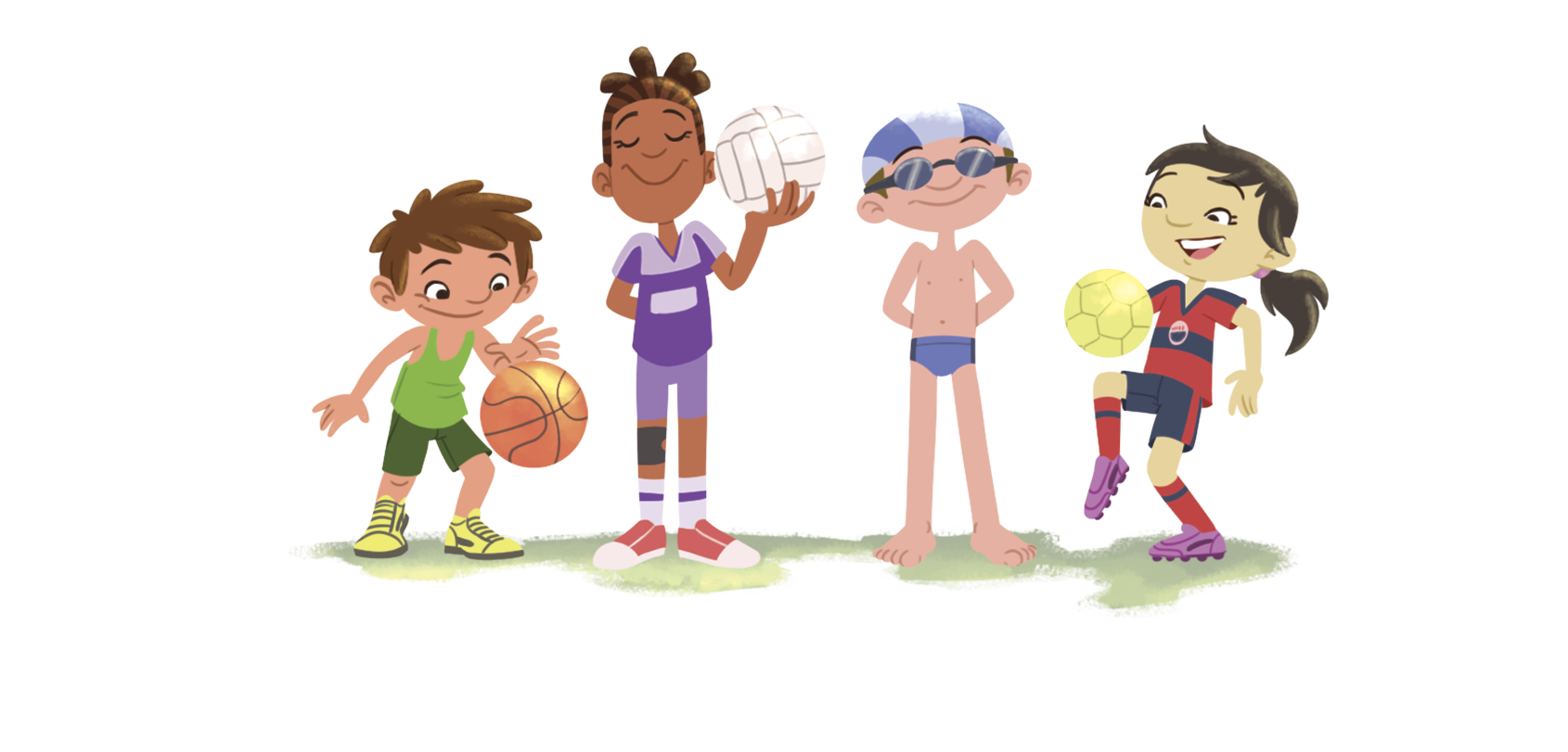 Ilustração. Quatro crianças com roupas de modalidades esportivas diferentes. O primeiro é um menino branco, cabelo curto e castanho, com regata e bermuda verde e tênis amarelo. Com a mão esquerda batendo uma bola de basquete. A segunda é uma menina preta com cabelo preto preso para trás, com camiseta e bermuda roxa, uma joelheira no joelho esquerdo, braço  direito para trás e braço esquerdo segurando uma bola branca de vôlei. O terceiro é um menino branco com sunga, toca e óculos de natação. Está com as mãos para trás. A Quarta é uma menina oriental com uniforme de futebol com camiseta vermelha com uma listra horizontal preta, calção preto e meião vermelho além de chuteira roxa. Está fazendo embaixadinhas com uma bola de futebol.