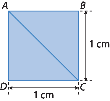 Figura geométrica. Quadrado ABCD azul com 1 centímetro de lado, com um segmento de reta na diagonal AC.