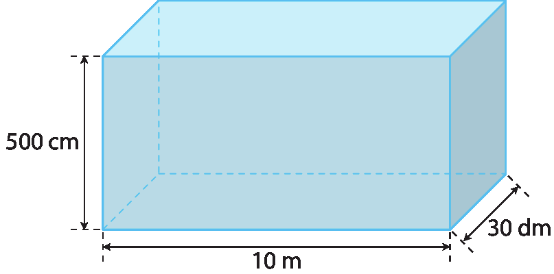 Figura geométrica. Paralelepípedo azul. Cota horizontal, no comprimento indicando 10 metros, cota vertical na altura indicando 500 centímetros, cota na largura indicando 30 decímetros.