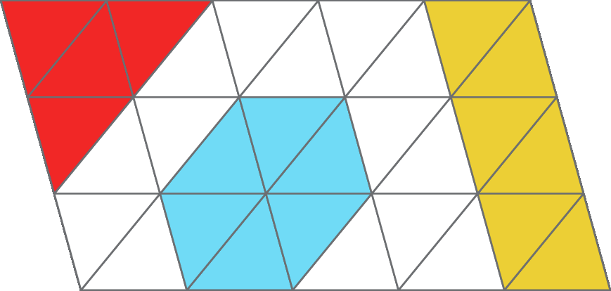 Figura geométrica. Paralelogramo dividido em 30 partes triangulares iguais, dispostas em 3 linhas com 10 partes cada. 4 partes são vermelhas, 6 partes são azuis, 6 partes são amarelas e 14 partes são brancas.