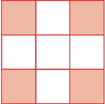 Figura geométrica. Quadrado dividido em 9 partes quadradas iguais, dispostas em 3 linhas com 3 quadrados em cada uma.. As quatro partes das pontas, são vermelhas. As demais partes são brancas.