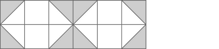 Figura geométrica, 12 quadrados dispostos em 2 linhas com 6 quadrados cada uma. Tanto na linha de cima, quanto na de baixo, o primeiro, terceiro, quarto e sexto quadrados, da esquerda para a direita, estão divididos ao meio. Dos quadrados que estão divididos, uma parte está sombreada e a outra é branca. Os quadrados que não foram divididos, são brancos.