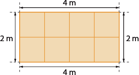 Figura geométrica. Retângulo laranja com 2 linhas, com 4 quadradinhos cada uma, com indicação de 4 metros no comprimento e 2 metros largura.