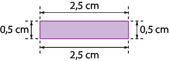 Figura geométrica. Retângulo roxo com 2 vírgula 5 centímetros de comprimento e 0 vírgula 5 centímetros de largura.
