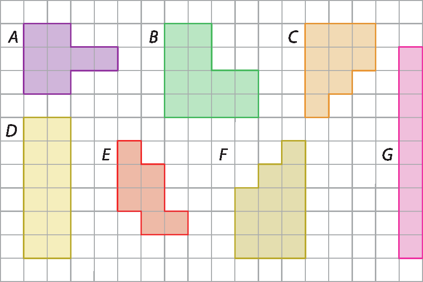Figura geométrica. Malha quadriculada composta por 7 figuras.
Figura A. Figura roxa, composta por um retângulo com 3 linhas, com 2 quadradinhos cada uma, e junto a segunda linha outro retângulo com 1 linha e 2 quadradinhos. 
Figura B. Figura verde, composta por um retângulo com 4 linhas, com 2 quadradinhos cada e junto a ele na parte inferior, um quadrado com 2 linhas, com 2 quadradinhos cada uma.
Figura C. Figura laranja, composta por um retângulo com 4 linhas, com 1 quadradinho cada uma, junto a ele na parte superior, outro retângulo com 3 linhas, com 1 quadradinho cada e junto a ele também na parte superior outro retângulo com 2 linhas, com 1 quadradinho cada.
Figura D. Retângulo amarelo com 6 linhas, com 2 quadradinhos cada uma.
Figura E. Figura vermelha composta por um retângulo com 3 linhas, com 1 quadradinho cada uma, junto a ele a partir do segundo quadradinho, um retângulo com 3 linhas, com 1 quadradinho cada uma, junto a ele na terceira linha, 1 quadradinho.
Figura F. Figura marrom, composta por um retângulo com 3 linhas, com 1 quadradinho cada uma, junto a ele na parte inferior, outro retângulo com 4 linhas, com 1 quadradinho cada e junto a ele também na parte inferior outro retângulo com 5 linhas, com 1 quadradinho cada.
Figura G. Retângulo rosa, com 9 linhas, com 1 quadradinho cada.