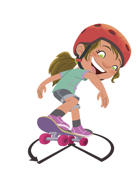 Ilustração. Menina de pele branca, cabelo castanho amarrado e olhos verdes, camiseta verde, bermuda cinza, capacete vermelho, fazendo manobra com seu skate roxo. Sua manobra teve inicio da direita para esquerda fazendo um giro, com marcação abaixo do skate formando duas semirretas partindo do mesmo ponto de origem, indicando que para completar o giro faltou 90 graus.