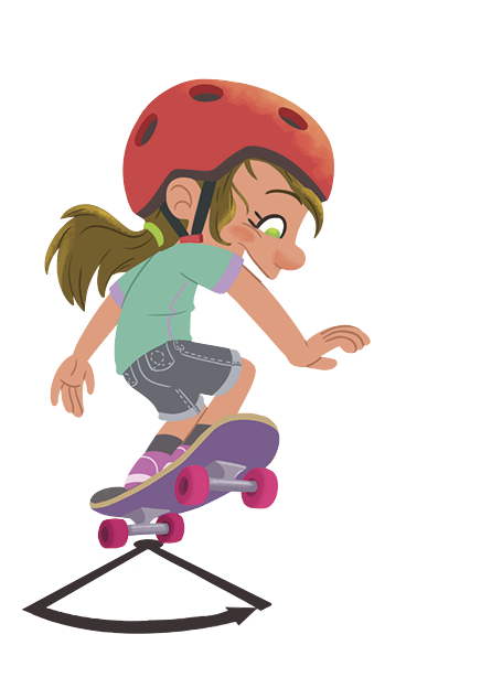 Ilustração. Menina de pele branca, cabelo castanho amarrado e olhos verdes, camiseta verde, bermuda cinza, capacete vermelho, fazendo manobra com seu skate roxo. Sua manobra teve inicio da direita para esquerda fazendo um giro, com marcação abaixo do skate formando duas semirretas partindo do mesmo ponto de origem, indicando que o giro completou 90 graus.