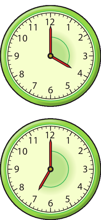 Ilustração. Relógio de ponteiros, com o ponteiro das horas no número 4 e o ponteiro dos minutos no número 12, com indicação de ângulo na abertura interna dos ponteiros.

Ilustração. Relógio de ponteiros, com o ponteiro das horas no número 7 e o ponteiro dos minutos no número 12, com indicação de ângulo na abertura externa dos ponteiros.