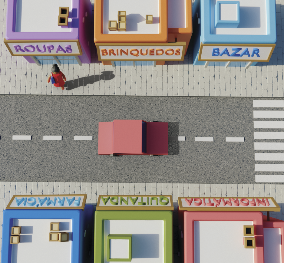 Ilustração. Visão aérea de um trecho de mapa. Na parte superior da imagem, da esquerda para a direita, tem uma loja de roupas roxa, uma loja de brinquedos laranja e um bazar azul. No meio, uma rua com a faixa de pedestre, a faixa fica após o bazar. Na parte inferior da imagem, de frente para a rua, da esquerda para a direita, tem uma Farmácia em azul, uma quitanda em verde e uma loja de informática em vermelho. No meio da rua tem um caminhão vermelho. Na frente da loja de roupas tem uma mulher de vestido vermelho e uma bolsa azul.