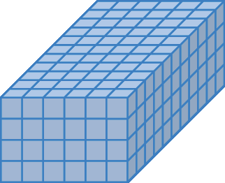 Figura geométrica. Paralelepípedo formado por empilhamento de cubos em 4 camadas. Em cada camada há 11 fileiras com 6 cubos em cada.