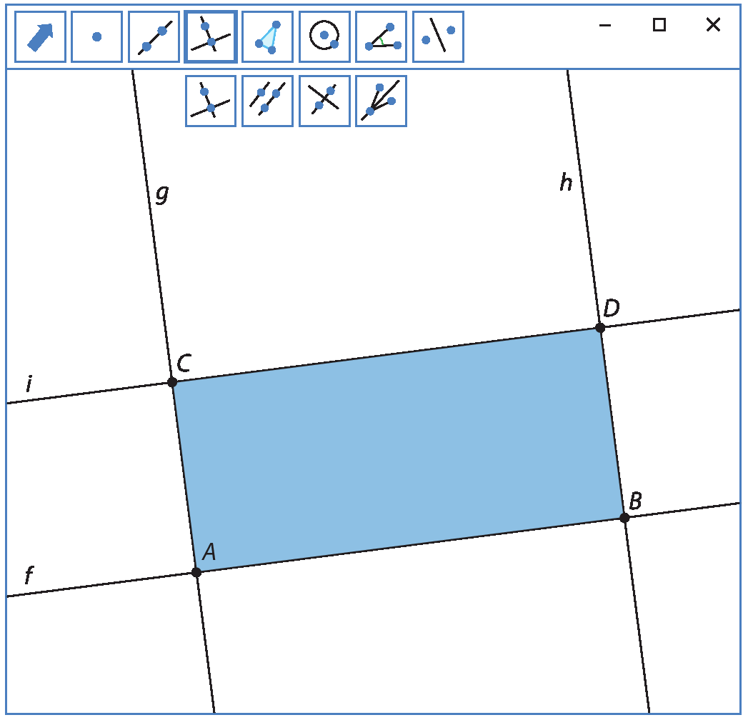 Ilustração. Tela similar a de um software de geometria dinâmica. Na parte superior, há uma barra com diversos botões. Da esquerda para a direita, os botões correspondem às ferramentas: mover, ponto, reta, reta perpendicular, polígono, circunferência, ângulo e reflexão. Abaixo do botão reta perpendicular, aparecem da esquerda para a direita os botões que correspondem às seguintes ferramentas: reta perpendicular, reta paralela, mediatriz e bissetriz.
No canto superior direito aparecem os botões minimizar, maximizar e fechar. 
Na tela está representado um retângulo ABCD azul, um par de retas paralelas f e i de forma que a reta f passa pelos pontos A e B e a reta i passa pelos pontos C e D.
Reta g perpendicular as retas f e i, passando pelos pontos A e C. Reta h perpendicular as retas f e i, passando pelos pontos B e D.