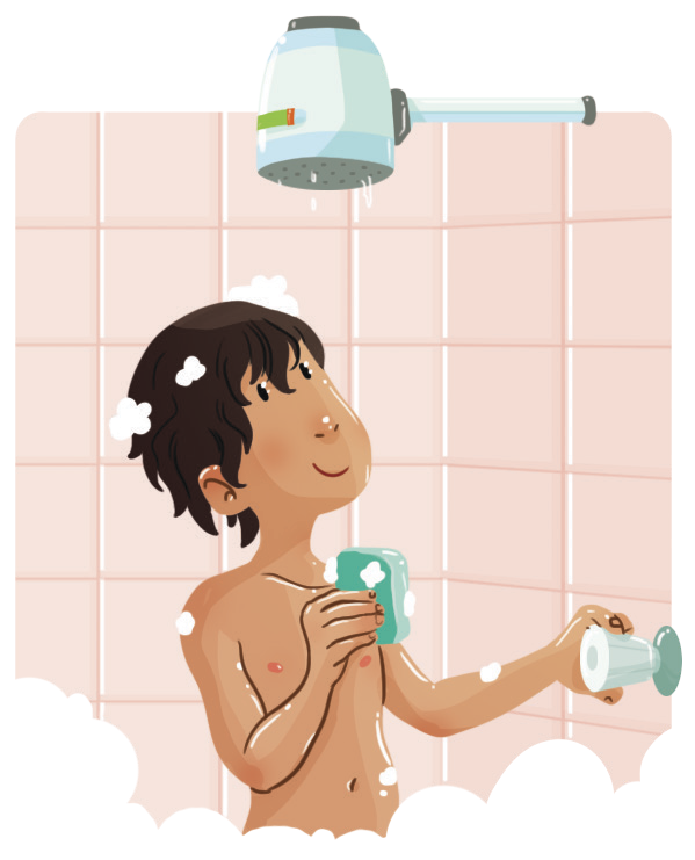 Ilustração. Banheiro com azulejos quadrados rosa e chuveiro azul e cinza. Menino branco, cabelo castanho, ensaboado no banho, segurando sabonete azul com a mão direita e o registro do chuveiro com a mão esquerda. Olha para cima, em direção ao chuveiro, que tem apenas pingos de água.