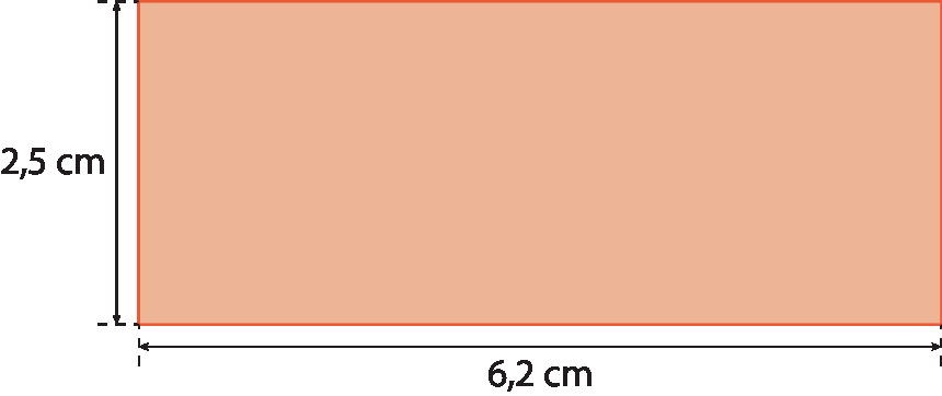 Figura geométrica. Retângulo vermelho com 6 vírgula 2 centímetros na base e 2 vírgula 5 centímetros na altura.