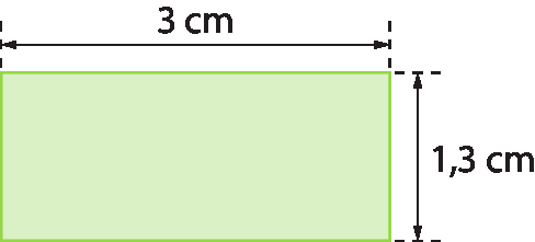 Figura geométrica. Retângulo verde com base medindo 3 centímetros e altura medindo 1 vírgula 3 centímetros.