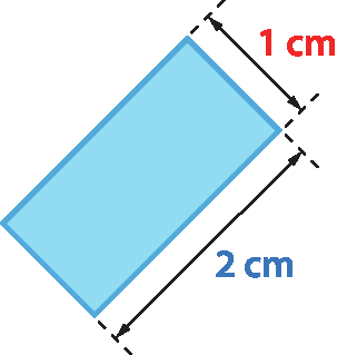 Figura geométrica. Retângulo azul inclinado com base medindo 2 centímetros e altura medindo 1 centímetro.