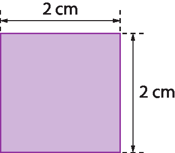 Figura geométrica. Quadrado roxo com lado medindo 2 centímetros de comprimento.