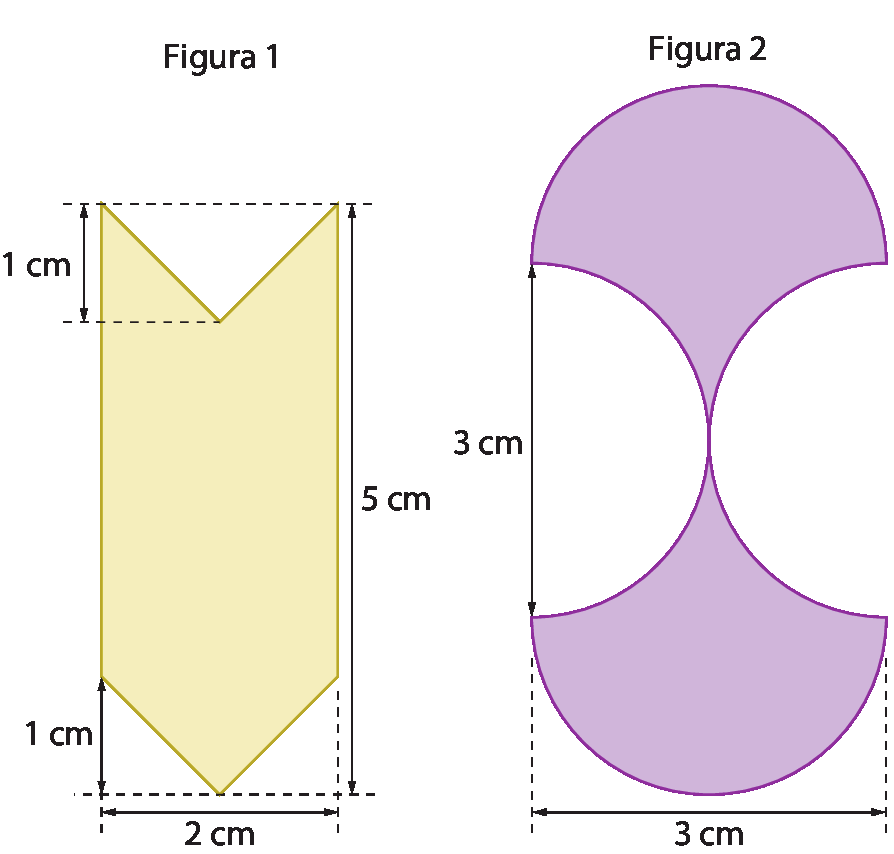 Figura geométrica. Figura 1 em amarelo que lembra uma seta na vertical, com a ponta para baixo e na parte superior, em branco, em formato que lembra a letra v. Linha traceja com seta indicando que o comprimento tem a medida de 2 centímetros e largura com 5 centímetros. Com a medida da altura da ponta da seta de 1 centímetro, e com a medida da altura do formato em v que está em branco, também com 1 centímetro.

Figura geométrica. Figura 2 em roxo na vertical, arredondada nas extremidades, com duas metades de um círculo em branco, um a esquerda e um a direita, encostados no centro da figura, com indicação da medida de 3 centímetros na abertura branca da metade do círculo e a medida de 3 centímetros no comprimento da figura roxa.