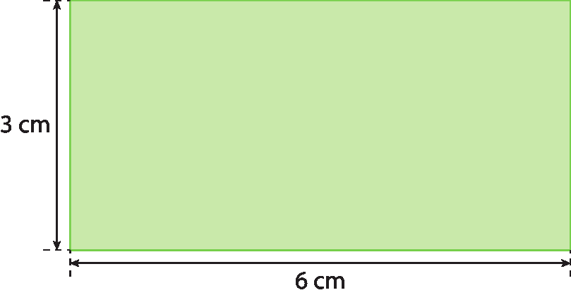 Figura geométrica. Retângulo verde com 6 centímetros no comprimento e 3 centímetros no comprimento da largura.