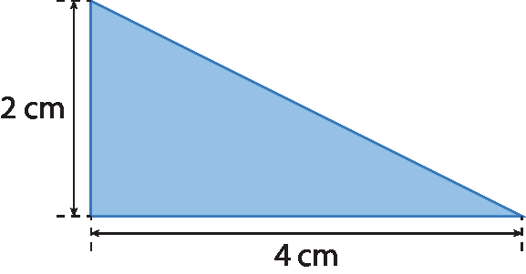 Figura geométrica. Triângulo retângulo azul com 4 centímetros na medida do comprimento da base e 2 centímetros na medida do comprimento da altura.