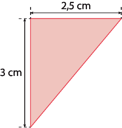 Figura geométrica. Triângulo retângulo vermelho com 2 vírgula 5 centímetros na medida do comprimento da base e 3 centímetros na medida do comprimento da altura.