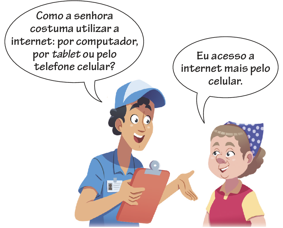 Ilustração. À esquerda, homem branco de cabelo preto, usando boné azul, camisa azul com crachá, segurando uma prancheta na mão direita, falando: como a senhora costuma utilizar a internet: por computador, tablet ou pelo telefone celular?
À direita, mulher branca de cabelo marrom com lenço azul de bolinhas brancas na cabeça, usando camisa vermelha com manga e gola amarelas, falando: eu acesso a internet mais pelo celular.