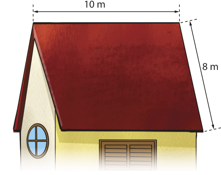 Ilustração. Casa amarela com destaque para o telhado de formato retangular com 10 metros na medida do comprimento e 8 metros na medida do comprimento da largura.