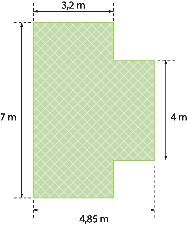 Figura geométrica. Planta baixa de uma sala comercial, composta por dois retângulos juntos na vertical, sendo um maior e um menor, e o menor está no meio da lateral direita do retângulo maior. Na parte superior do retângulo maior, indicação de medida do comprimento de 3 vírgula 2 metros e na parte inferior indicando que os dois retângulos juntos tem como medida do comprimento 4 vírgula 85 metros. No retângulo maior, indicação da medida do comprimento da largura 7 metros e no retângulo menor a medida do comprimento da largura é de 4 metros.