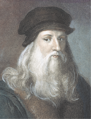 Ilustração. Rosto de Leonardo da Vinci. Homem cabelos e barba longos e grisalhos, usando boina.