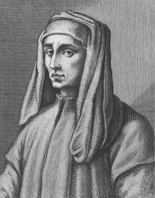Ilustração. Rosto de Giotto de Bondone. Homem sem barba com um chapéu parecido com um pano na cabeça.