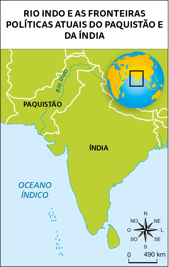 Ilustração. Mapa do Rio Indo e as fronteiras políticas atuais do Paquistão e da Índia. Destaque para a região da Índia e Paquistão na miniatura do globo terrestre no canto superior direito. No canto inferior direito há a rosa dos ventos e a escala de 0 a 490 quilômetros.