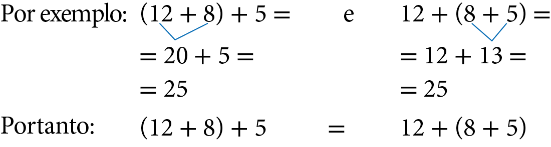 Esquema. Duas maneiras de adicionar 12, 8 e 5.
Por exemplo: Primeira maneira: abre parênteses, 12 mais 8, fecha parênteses, mais 5 igual. Abaixo, igual, 20 mais 5, igual. Abaixo, igual a 25. Segunda maneira: 12 mais, abre parênteses, 8 mais 5, fecha parênteses, igual. Abaixo, igual, 12 mais 13, igual. Abaixo, igual a 25. Fim da adição. Portanto: abre parênteses, 12 mais 8, fecha parênteses, mais 5 é igual a 12 mais, abre parênteses, 8 mais 5, fecha parênteses.