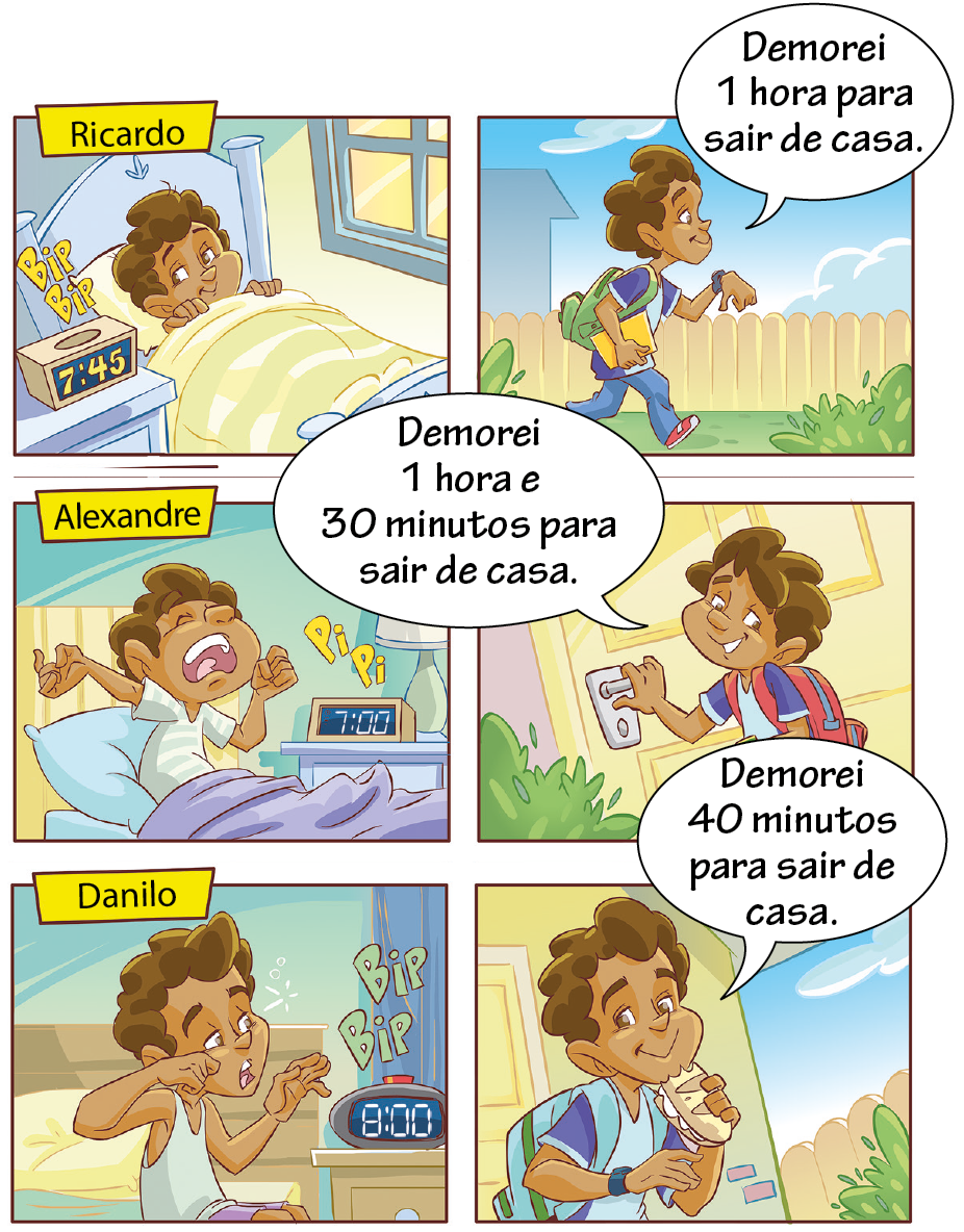 Ilustração em seis quadrinhos. A cada dois quadros há o nome de um menino. Quadrinho com o nome de Ricardo. Primeiro quadrinho, Ricardo está deitado em sua cama com o despertador tocando as 7 horas e 45 minutos. No segundo quadrinho, Ricardo está andando com a mochila nas costas, olhando para o relógio no punho e falando: demorei uma hora para sair de casa. Quadrinho com o nome de Alexandre. No primeiro quadrinho, Alexandre está espreguiçando em sua cama, enquanto o despertador toca e marca 7 horas. No segundo quadrinho, com a mochila nas costas, fecha a porta e diz: demorei uma hora e trinta minutos para sair de casa.  Quadrinho com o nome de Danilo. No primeiro quadrinho, Danilo acorda e senta em sua cama olhando para o despertador que toca e marca 8 horas. No segundo quadrinho, com a mochila nas costas e comendo pão, diz: demorei 40 minutos para sair de casa.