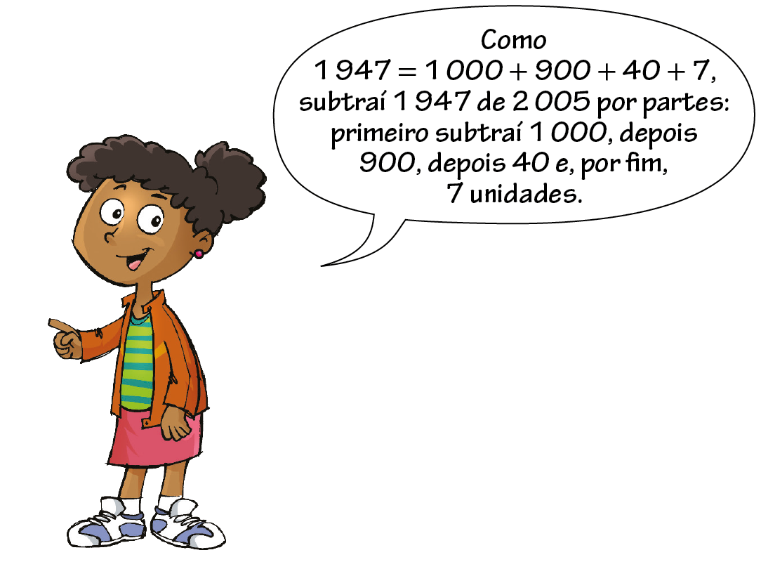 Ilustração. Menina de cabelo preto, casaco laranja, blusa listrada verde, saia rosa, falando: Como 1 mil 947 igual 1 mil + 900 + 40 + 7, subtraí 1 mil 947 de 2 mil e 5 por partes: primeiro subtraí 1 mil depois 900, depois 40 e, por fim, 7 unidades.