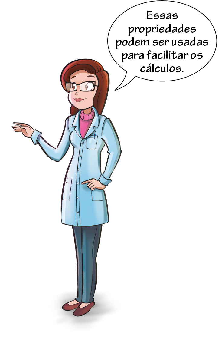 Ilustração. Mulher de cabelo marrom, óculos,  jaleco e calça azul, falando: essas propriedades podem ser usadas para facilitar os cálculos.