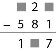 Algoritmo usual da subtração envolvendo números de ordem 3. Na primeira linha, o número tem o algarismo das unidades oculto por um quadradinho cinza, algarismo das dezenas 2 e o algarismo das centenas está oculto por um quadradinho cinza. Abaixo, à esquerda, o sinal de subtração e à direita, um número que tem o algarismo das unidades 1, algarismo das dezenas 8 e algarismo das centenas 5. Abaixo, traço horizontal. Abaixo, o número que tem o algarismo das unidades 7, algarismo das dezenas está oculto por um quadradinho cinza e algarismo das centenas 1.