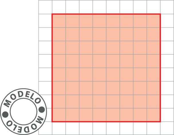 Figura geométrica, Malha quadriculada com a representação de um quadrado. O quadrado é composto por 100 quadradinhos menores, dispostos em fileiras com 10 quadradinhos cada. No centro deste, há a representação de um quadrado vermelho dividido em 64 quadradinhos dispostos em 8 fileiras com 8 quadradinhos cada. Ao lado, carimbo com a palavra modelo.