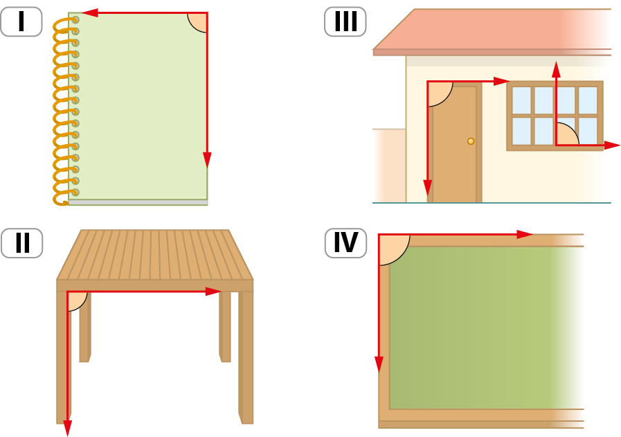 Ilustração. 1. Caderno espiral verde no canto superior direito da capa com indicação de vértice de ângulo com um lado na horizontal e outro na vertical.

Ilustração. 2. Mesa em madeira, no canto superior esquerdo, entre o tampo e a perna, uma indicação de vértice de ângulo com um lado na horizontal e outro na vertical.

Ilustração. 3. Parte da fachada de uma casa com uma porta a esquerda e janela em formato retangular a direita. No canto superior esquerdo da porta tem a indicação de vértice de ângulo com um lado na horizontal e outro na vertical. No centro, na parte de baixo da janela tem a indicação de vértice de ângulo com um lado na horizontal e outro na vertical.

Ilustração. 4. Quadro de giz, no canto superior esquerdo tem a indicação de vértice de ângulo com um lado na horizontal e outro na vertical.