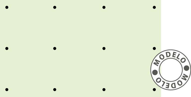 Figura geométrica. Modelo. Retângulo verde com 12 pontos, distribuídos em 3 linhas com 4 pontos cada, igualmente espaçados.