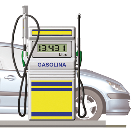 Ilustração. Bomba de abastecimento de posto de gasolina com o número 13 vírgula 431 litros no visor.