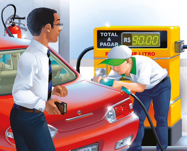 Ilustração. Posto de gasolina, com homem branco, o frentista, usando boné branco e verde, camisa branca com gola verde, calça azul, abastecendo um carro vermelho. Na bomba de combustível está marcado, total a pagar 90 reais. À esquerda, próximo ao carro, homem negro, o cliente, usando óculos, camisa branca, gravata listrada nas cores azul e preto, calça azul, segurando, com a mão direita, uma carteira.