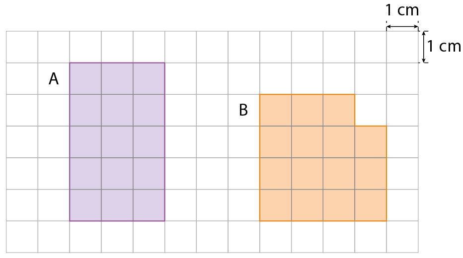 Figura geométrica. Malha quadriculada com 7 linhas, com 13 quadradinhos cada, com indicação que cada quadradinho tem 1 centímetro de lado. Na malha estão desenhadas duas figuras A e B.
Figura A: retângulo roxo com 5 linhas e com 3 quadradinhos cada.
Figura B: Figura laranja composta por 3 quadradinhos na primeira linha e da terceira a quarta linhas, 4 quadradinhos em cada uma.
