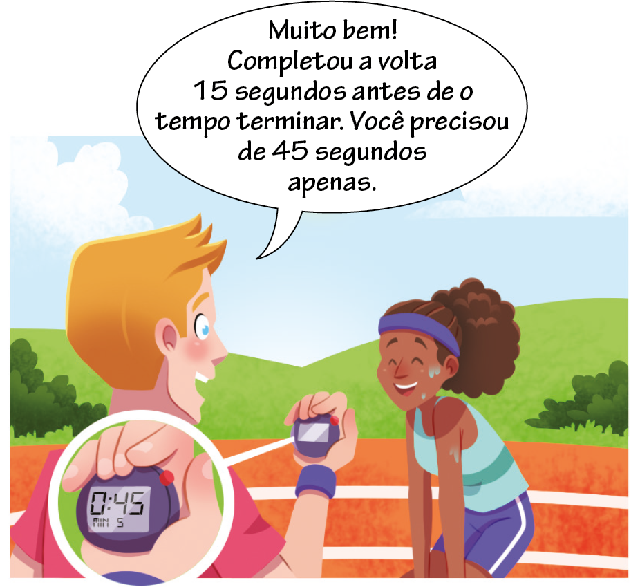 Segundo quadro: A mulher está suada e com as mãos apoiadas nos joelhos. O homem continua segurando o cronômetro e é possível identificar no visor 0 dois pontos 45. Balão de fala do homem: Muito bem! Completou a volta 15 segundo antes de o tempo terminar. Você precisou de 45 segundos apenas.