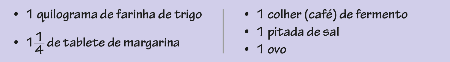 Ilustração. Receita. 1 quilograma de farinha de trigo. 1 inteiro e 1 quarto de tablete de margarina. Uma colher, abre parênteses, café, fecha parênteses, de fermento. Uma pitada de sal. 1 ovo.