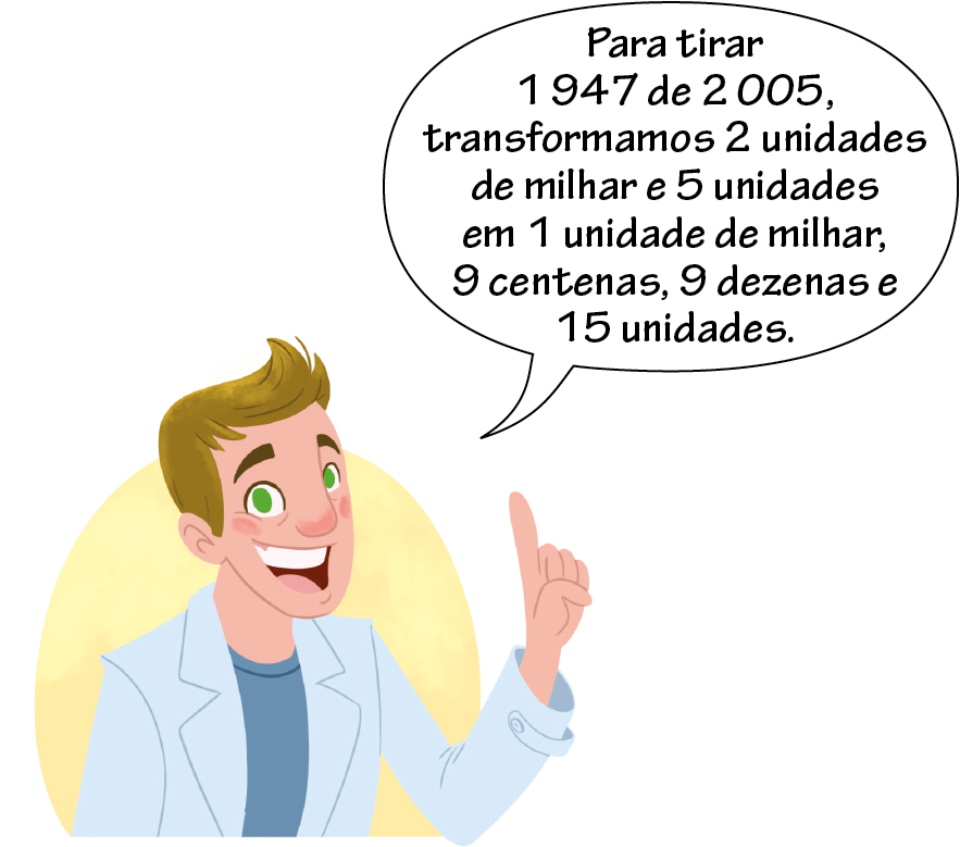 Ilustração. Homem de cabelos claros, olhos verdes, com dedo indicador levantado, falando: Para tirar 1 mil 947 de 2 mil e 5, transformamos 2 unidades de milhar e 5 unidades em uma unidade de milhar, 9 centenas, 9 dezenas e 15 unidades.