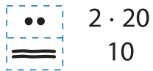 Ilustração. 1 retângulo tracejado dividido ao meio, indicando dois andares. 2 traços horizontais na parte inferior corresponde a 10 e 2 pontos na parte superior, 2 multiplicado por 20.