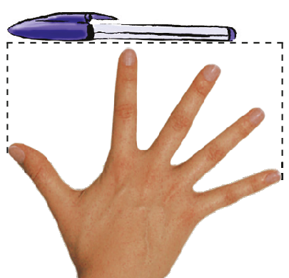 Esquema. Palmo de uma pessoa, medindo o comprimento de uma caneta posicionada na horizontal, com a tampa do lado esquerdo. A extremidade da caneta que contém a tampa está alinhada com a extremidade do polegar. A outra extremidade da caneta está um pouco mais avançada que a extremidade do dedo médio da pessoa.