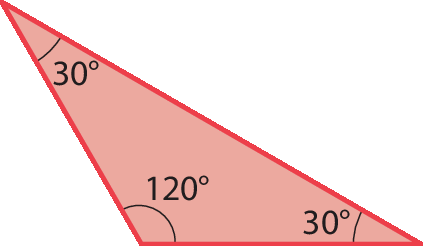 Figura geométrica. Triângulo vermelho com dois ângulos internos de 30 graus e um ângulo interno de 120 graus.