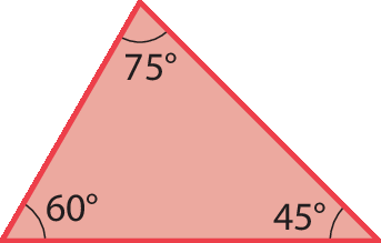 Figura geométrica. Triângulo vermelho com um ângulo interno de 75 graus, um ângulo interno de 60 graus e um ângulo interno de 45 graus.