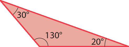 Figura geométrica. Triângulo vermelho com um ângulo interno de 30 graus, um ângulo interno de 130 graus e um ângulo interno de 20 graus.