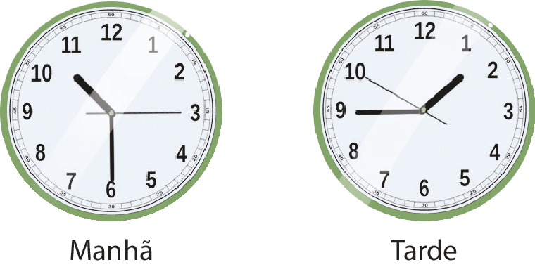 Ilustração. Relógio de ponteiros com cota abaixo, Manhã. Ponteiro da hora está apontando entre os números 10 e 11, ponteiro dos minutos está apontando o número 6 e o ponteiro dos segundos está apontando para o número 3. Ilustração. Relógio de ponteiros com cota abaixo, Tarde. Ponteiro da hora está apontando entre os números 1 e 2, ponteiro dos minutos está apontando o número 9 e o ponteiro dos segundos está apontando para o número 10.